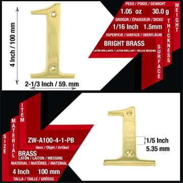 ZhongWang Hardware ZW-A100 4 Inch Bright Brass House Number 1/ZhongWang Hardware ZW-A100 Casa de latón Brillante de 4 pulgadas Número 1