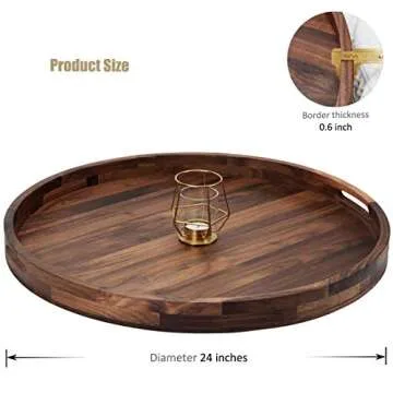MAGIGO 24 Inches Extra Large Round Black Walnut Wood Ottoman Tray with Handles, Serve Tea, Coffee or...