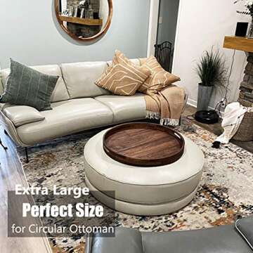 MAGIGO 24 Inches Extra Large Round Black Walnut Wood Ottoman Tray with Handles, Serve Tea, Coffee or Breakfast in Bed, Classic Circular Wooden Decorative Serving Tray