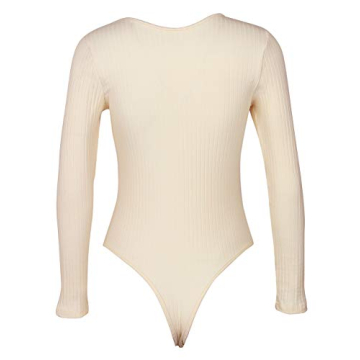 GEMBERA Women's Deep V Neck Long Sleeve Bodysuit Ribbed Knit Bodycon Thong Bodysuit Tops White Cream S