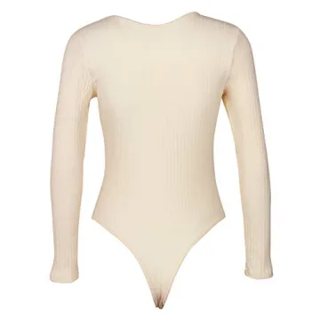 GEMBERA Women's Deep V Neck Long Sleeve Bodysuit Ribbed Knit Bodycon Thong Bodysuit Tops White Cream S