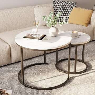aboxoo Round Nesting Coffee Table Side Table Set of 2 End Tables for Living Room Bedroom Balcony, Wh...