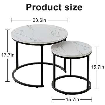 aboxoo Round Nesting Coffee Table Side Table Set of 2 End Tables for Living Room Bedroom Balcony, White Faux Marble Wooden Table Accent Coffee Table with Black Steel Frame