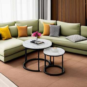 aboxoo Round Nesting Coffee Table Side Table Set of 2 End Tables for Living Room Bedroom Balcony, White Faux Marble Wooden Table Accent Coffee Table with Black Steel Frame