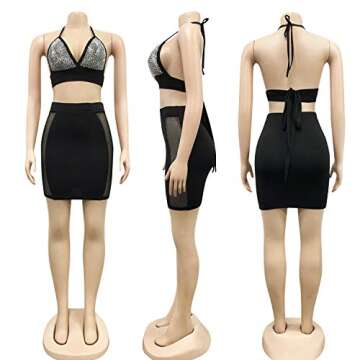 PORRCEY Women's Two-Piece Sexy Hot Drilling Craft Dress Party Club Evening Dress (3645,Black,XL)