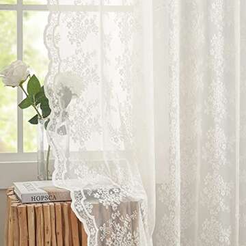 YJ YANJUN Floral Lace Curtains 96 inches Long 2 Panels Set French Country Shabby Chic Sheer Curtains for Living Room Window Light Filtering Rod Pocket 52 x 96 Inch Ivory