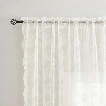 YJ YANJUN Floral Lace Curtains 96 inches Long 2 Panels Set French Country Shabby Chic Sheer Curtains for Living Room Window Light Filtering Rod Pocket 52 x 96 Inch Ivory