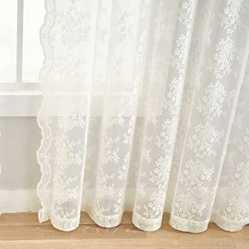 YJ YANJUN Floral Lace Curtains 96 inches Long 2 Panels Set French Country Shabby Chic Sheer Curtains for Living Room Window Light Filtering Rod Pocket 52 x 96 Inch Ivory