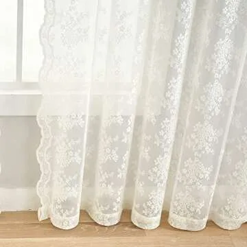 YJ YANJUN Floral Lace Curtains 96 inches Long 2 Panels Set French Country Shabby Chic Sheer Curtains for Living Room Window Light Filtering Rod Pocket 52 x 96 Inch Ivory
