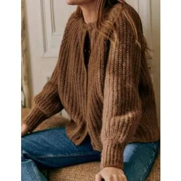 Wyeysyt Womens Cardigan Sweater Button Down Long Sleeve Chunky Soft Knit Sweater Fall Open Front Loose Casual Cardigan Coat(Brown-M)
