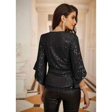 GRACE KARIN Women Black Sequin Top 3/4 Bell Sleeve Dressy Blouse Sparkle Sexy Shirts for Party Club Night S