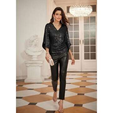 GRACE KARIN Women Black Sequin Top 3/4 Bell Sleeve Dressy Blouse Sparkle Sexy Shirts for Party Club Night S