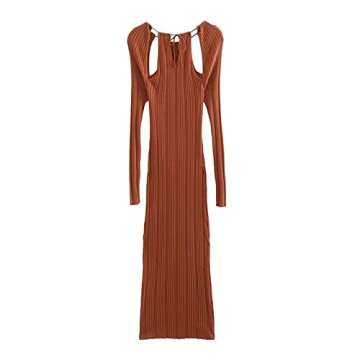JIUQIANMOTO Dress Women Hollow Shoulder Round Long Sleeve Slim Fit Long Knit Dress (Size : Small)
