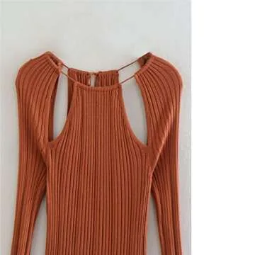 JIUQIANMOTO Dress Women Hollow Shoulder Round Long Sleeve Slim Fit Long Knit Dress (Size : Small)