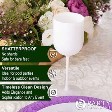 PARTY BARGAINS 5 Wine Goblets - White (12oz) - Disposable Shatterproof Elegant Design Plastic Wine G...