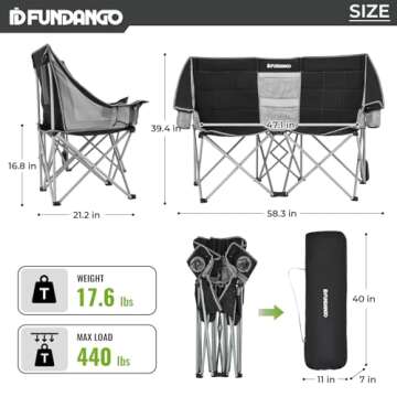 FUNDANGO Loveseat Camping Chairs Adults 2 Person Oversized Double Camping Chair for Outside Picnic Beach Travel, Love Seat Camp Chair, Oversized, Black/Grey