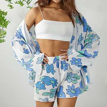 NUFIWI Women Casual 2 Piece Outfits Long Sleeve Button Down Shirt Top High Waist Short Set Loungewear Summer Streetwear(A Blue,Small)