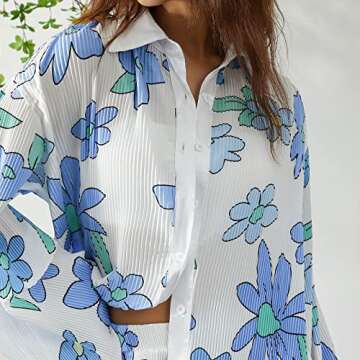 NUFIWI Women Casual 2 Piece Outfits Long Sleeve Button Down Shirt Top High Waist Short Set Loungewear Summer Streetwear(A Blue,Small)