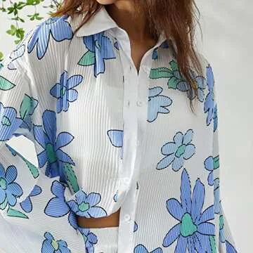 NUFIWI Women Casual 2 Piece Outfits Long Sleeve Button Down Shirt Top High Waist Short Set Loungewear Summer Streetwear(A Blue,Small)