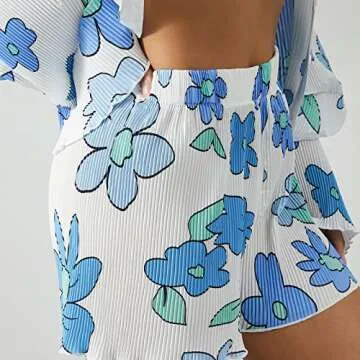 NUFIWI Women Casual 2 Piece Outfits Long Sleeve Button Down Shirt Top High Waist Short Set Loungewear Summer Streetwear(A Blue,Small)