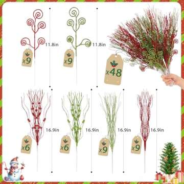 Rowfad 48 Pcs Christmas Red Green Glitter Berry Stems - Versatile Holiday Picks for Tree and DIY Cra...