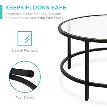 Best Choice Products 36in Modern Round Tempered Glass Accent Side Coffee Table for Living Room, Dining Room, Tea, Home Décor w/Metal Frame, Non-Marring Foot Caps - Black