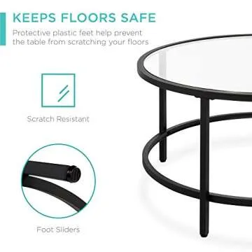 Best Choice Products 36in Modern Round Tempered Glass Accent Side Coffee Table for Living Room, Dining Room, Tea, Home Décor w/Metal Frame, Non-Marring Foot Caps - Black