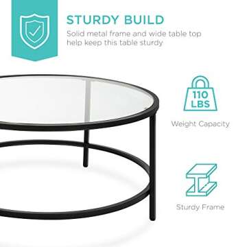 Best Choice Products 36in Modern Round Tempered Glass Accent Side Coffee Table for Living Room, Dining Room, Tea, Home Décor w/Metal Frame, Non-Marring Foot Caps - Black