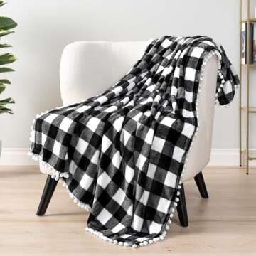 PAVILIA Black White Fleece Throw Blanket for Couch with Pom Pom Fringe, Buffalo Checkered Plaid, Sof...