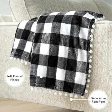 PAVILIA Black White Fleece Throw Blanket for Couch with Pom Pom Fringe, Buffalo Checkered Plaid, Soft Cozy Fuzzy Flannel Blanket for Sofa Bed, Lightweight Plush All Season Throw, 50x60 Inches