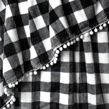 PAVILIA Black White Fleece Throw Blanket for Couch with Pom Pom Fringe, Buffalo Checkered Plaid, Soft Cozy Fuzzy Flannel Blanket for Sofa Bed, Lightweight Plush All Season Throw, 50x60 Inches