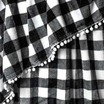 PAVILIA Black White Fleece Throw Blanket for Couch with Pom Pom Fringe, Buffalo Checkered Plaid, Soft Cozy Fuzzy Flannel Blanket for Sofa Bed, Lightweight Plush All Season Throw, 50x60 Inches