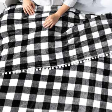 PAVILIA Black White Fleece Throw Blanket for Couch with Pom Pom Fringe, Buffalo Checkered Plaid, Soft Cozy Fuzzy Flannel Blanket for Sofa Bed, Lightweight Plush All Season Throw, 50x60 Inches