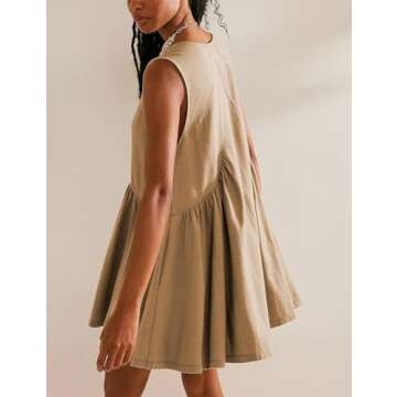 Tomosc Mini Dress for Women 2025 Summer Casual Sleeveless V Neck Sundress Loose Babydoll Dress with Pockets (2S-Khaki-S)