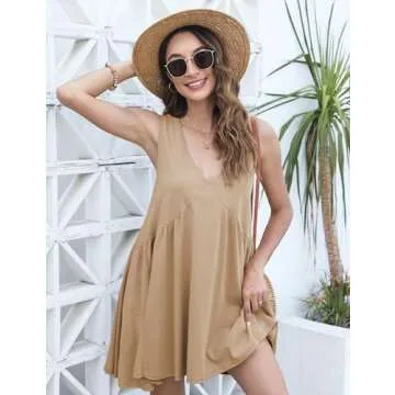 Tomosc Mini Dress for Women 2025 Summer Casual Sleeveless V Neck Sundress Loose Babydoll Dress with Pockets (2S-Khaki-S)