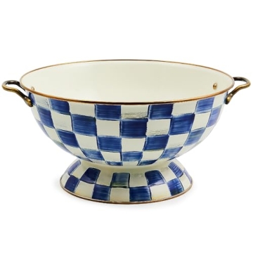 MACKENZIE-CHILDS Enamel Bowl, Stylish Serving Bowl for Entertaining, Blue-and-White Royal Check