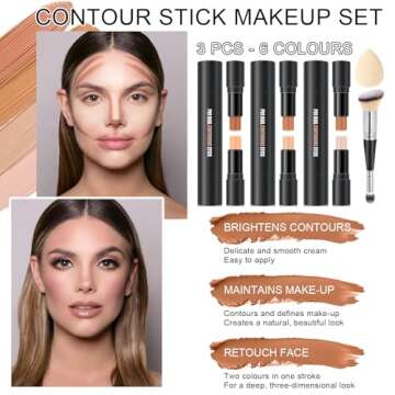6 Colors Cream Contour Sticks Makeup Kit, Primer Face Highlighter Contouring for Beginners, Highlight and Contour Kit, Cream Concealer Makeup Blush Stick, Primer Face Corrector (SET B)