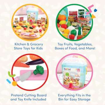 Battat- Play Circle- Play Food – Kitchen Toys – Grocery Store- Pretend Play- Pantry In A Bucket- 3 years + (79 Pcs)