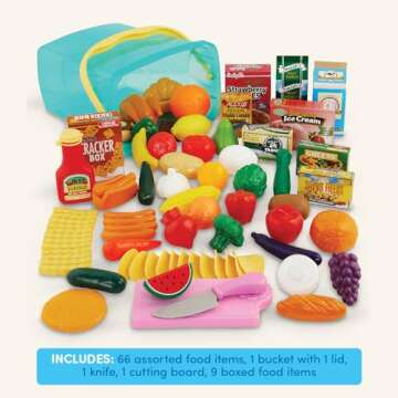 Battat- Play Circle- Play Food – Kitchen Toys – Grocery Store- Pretend Play- Pantry In A Bucket- 3 years + (79 Pcs)