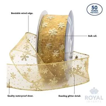 Royal Imports Organza Glitter Wired Sheer Christmas Ribbon - 2.5" (#40) Snowflake Design for Floral, Craft, Holiday Decoration, 50 Yard Roll (150 FT Spool) - Ivory with Gold Edges