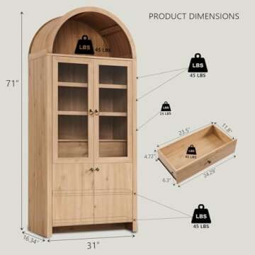 71” Tall Arched Bookshelf, Modern Farmhouse Bookcase w/ Open & Adjustable Shelf, Wooden Display Ca...