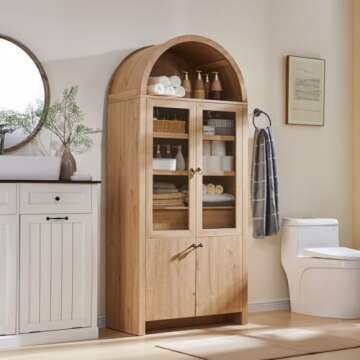 71” Tall Arched Bookshelf, Modern Farmhouse Bookcase w/ Open & Adjustable Shelf, Wooden Display Cabinet with Large Hidden Drawer and Glass Doors, Versatile Bookshelf for Living Room, Bedroom, Natrual