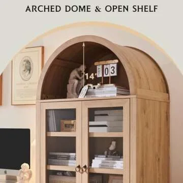 71” Tall Arched Bookshelf, Modern Farmhouse Bookcase w/ Open & Adjustable Shelf, Wooden Display Cabinet with Large Hidden Drawer and Glass Doors, Versatile Bookshelf for Living Room, Bedroom, Natrual