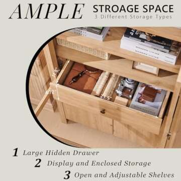 71” Tall Arched Bookshelf, Modern Farmhouse Bookcase w/ Open & Adjustable Shelf, Wooden Display Cabinet with Large Hidden Drawer and Glass Doors, Versatile Bookshelf for Living Room, Bedroom, Natrual