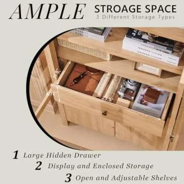 71” Tall Arched Bookshelf, Modern Farmhouse Bookcase w/ Open & Adjustable Shelf, Wooden Display Cabinet with Large Hidden Drawer and Glass Doors, Versatile Bookshelf for Living Room, Bedroom, Natrual