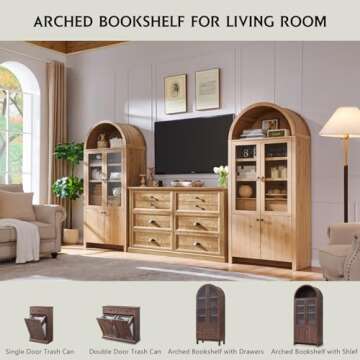 71” Tall Arched Bookshelf, Modern Farmhouse Bookcase w/ Open & Adjustable Shelf, Wooden Display Cabinet with Large Hidden Drawer and Glass Doors, Versatile Bookshelf for Living Room, Bedroom, Natrual