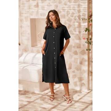 Zeagoo Womens Shirt Dress Summer Button Down Dress Swing Side Slit Midi Dresses with Pockets Black M