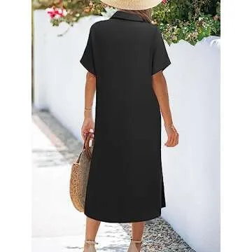 Zeagoo Womens Shirt Dress Summer Button Down Dress Swing Side Slit Midi Dresses with Pockets Black M