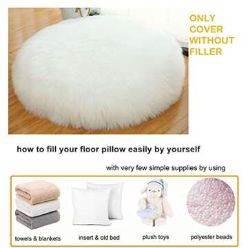 Asuprui Unstuffed Floor Pillow Meditation Cushion No Filler Large Floor Cushion for Sitting Fluffy Floor Seat Cushion Fuzzy Oversized Seat Pillow for Adult 24X24X6 Inches White Round Cover ONLY