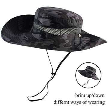 CAMOLAND Summer Fishing Sun Boonie Hat Camouflage Outdoor UV Protection Large Brim Bucket Safari Cap Breathable Mesh